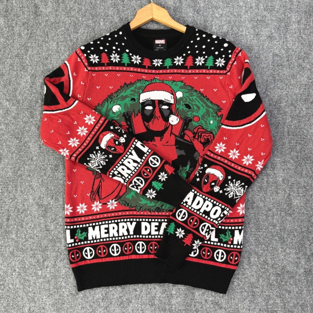 Marvel Deadpool Christmas Ugly Sweater Men's Medium Merry Deadpool Holiday Knit